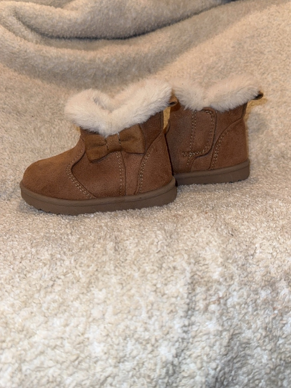 Toddler Cozy Faux-Suede Brown Fur-Trim Bow Boots